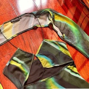 Green Waves Mesh Long Sleeve Slit Mini Dress